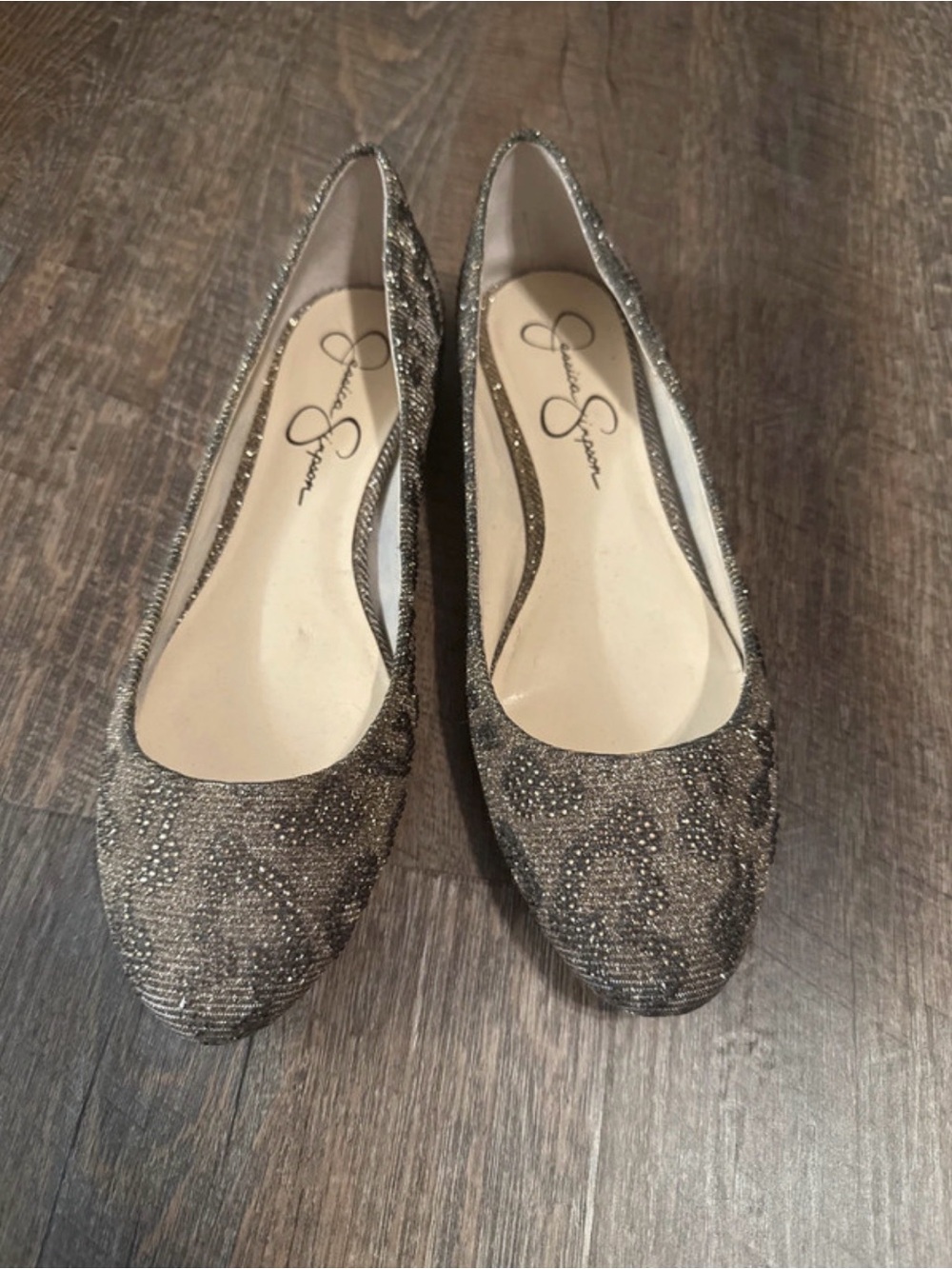 Jessica Simpson Metallic Glitter Pointed Toe Flats in Silver-Taupe